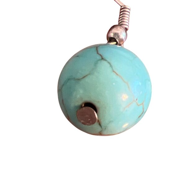 Turquoise Round Bead Dangle Earrings Silver Tone Hooks Lightweight 1.25" Estate - Picture 3 of 6